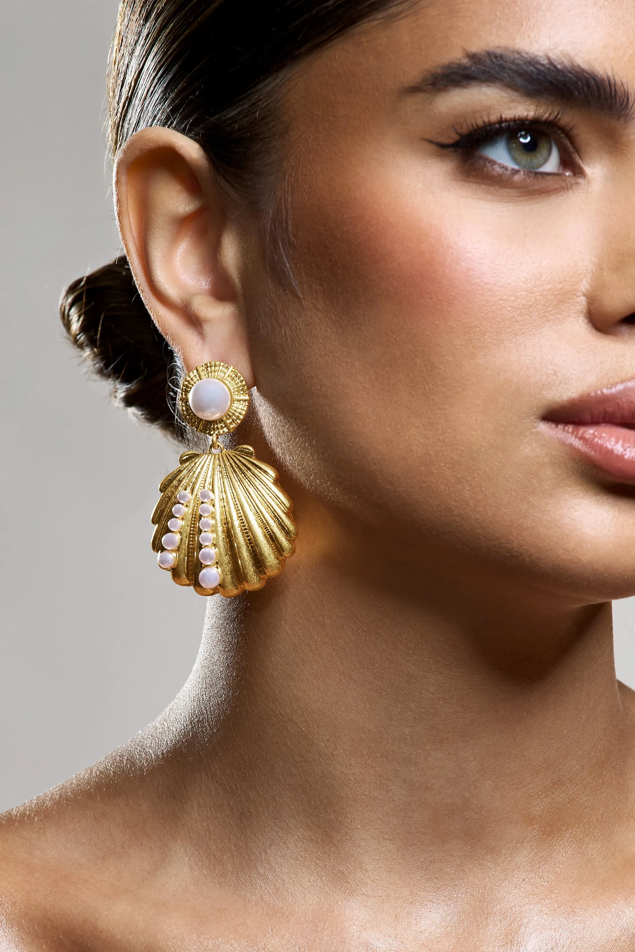 Seashell | Gold Shell Pearl Drop Earrings sold by Club L London product image thumbnail 3