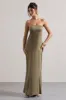 Azra | Olive Satin Bandeau Maxi Dress sold by Club L London