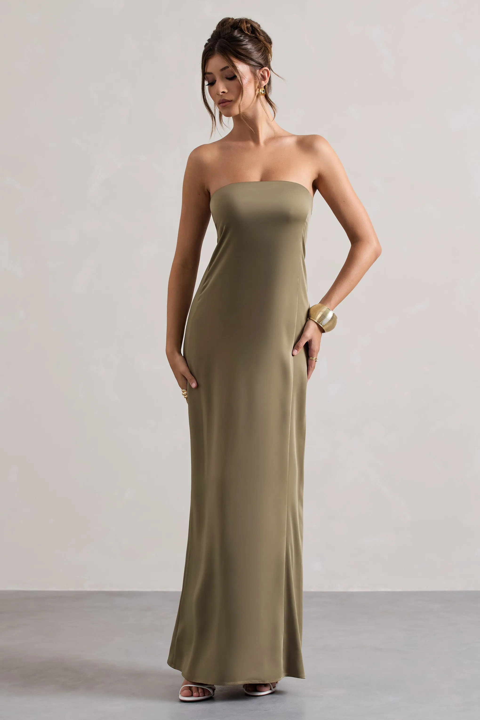 Azra | Olive Satin Bandeau Maxi Dress sold by Club L London