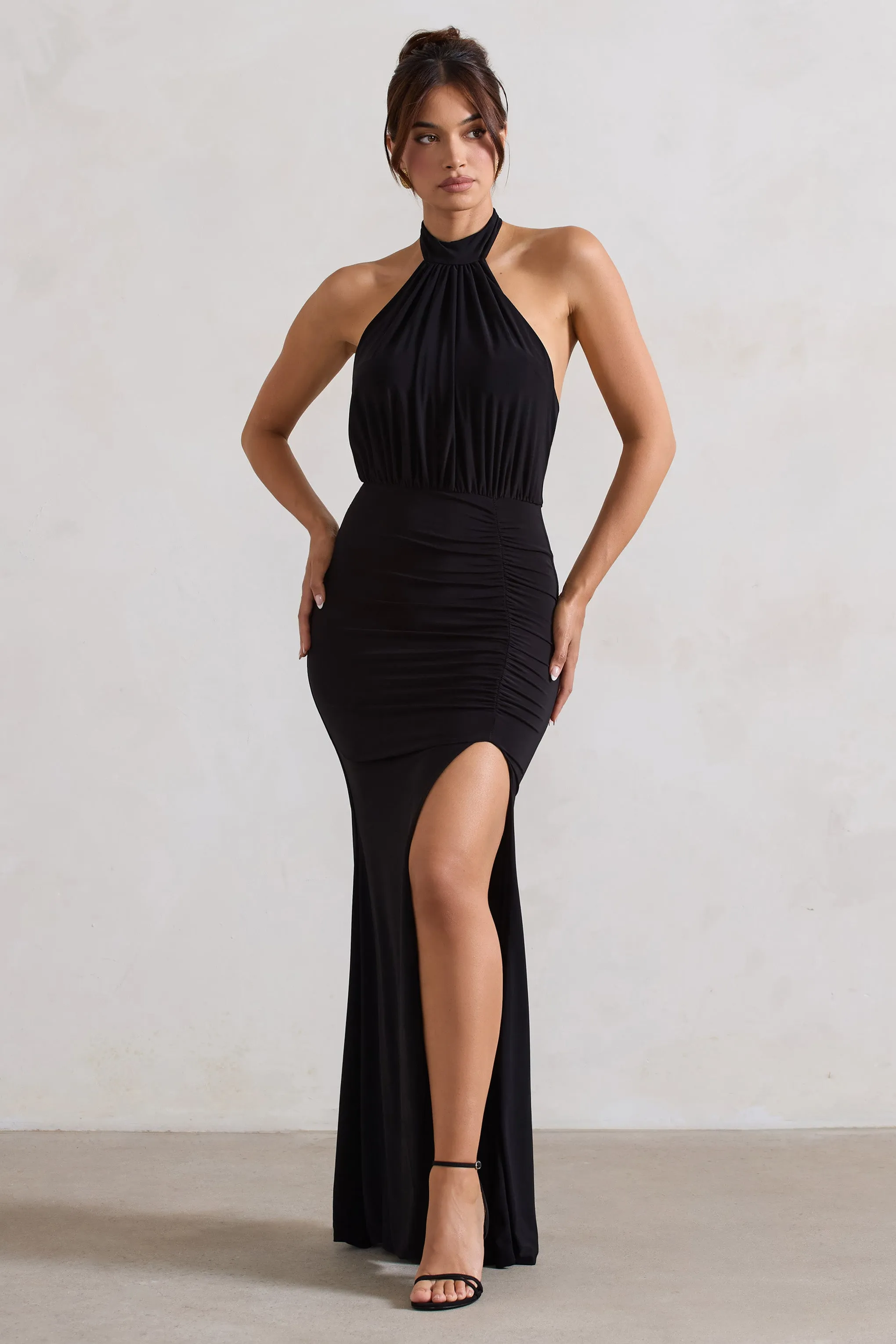 Forever Dreaming | Black Backless Halter Neck Ruched Split Maxi Dress sold by Club L London product image thumbnail 3