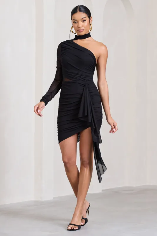Swirling | Black Ruched One-Sleeved Mini Dress With Ruffle sold by Club L London