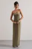 Azra | Olive Satin Bandeau Maxi Dress sold by Club L London