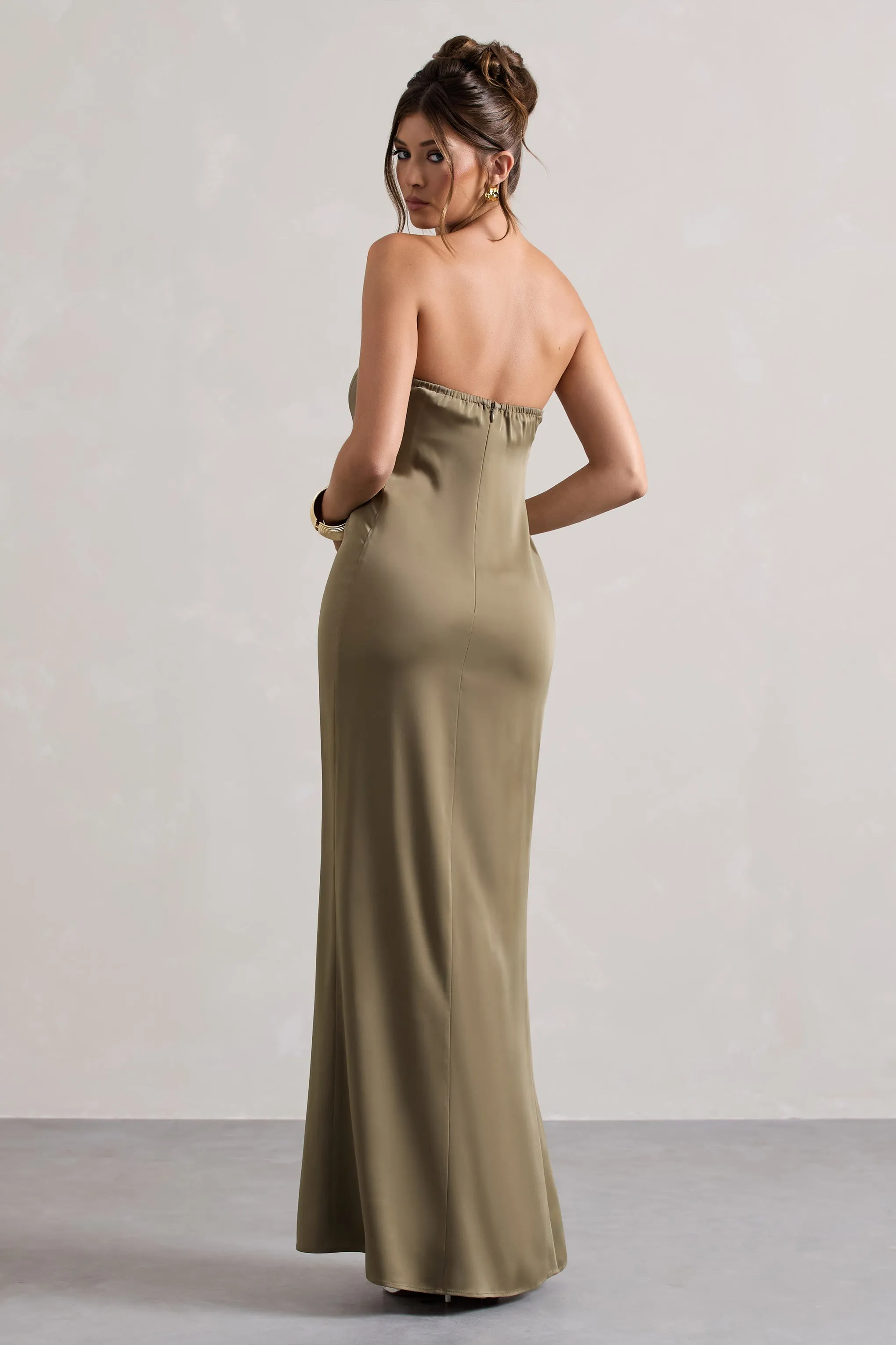 Azra | Olive Satin Bandeau Maxi Dress sold by Club L London product image thumbnail 2
