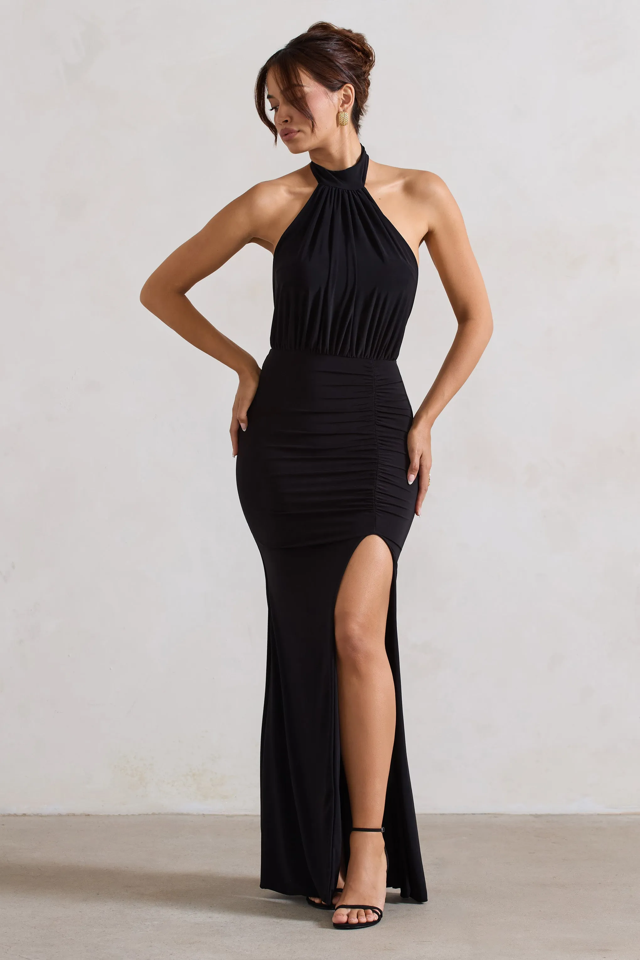 Forever Dreaming | Black Backless Halter Neck Ruched Split Maxi Dress sold by Club L London product image thumbnail 4