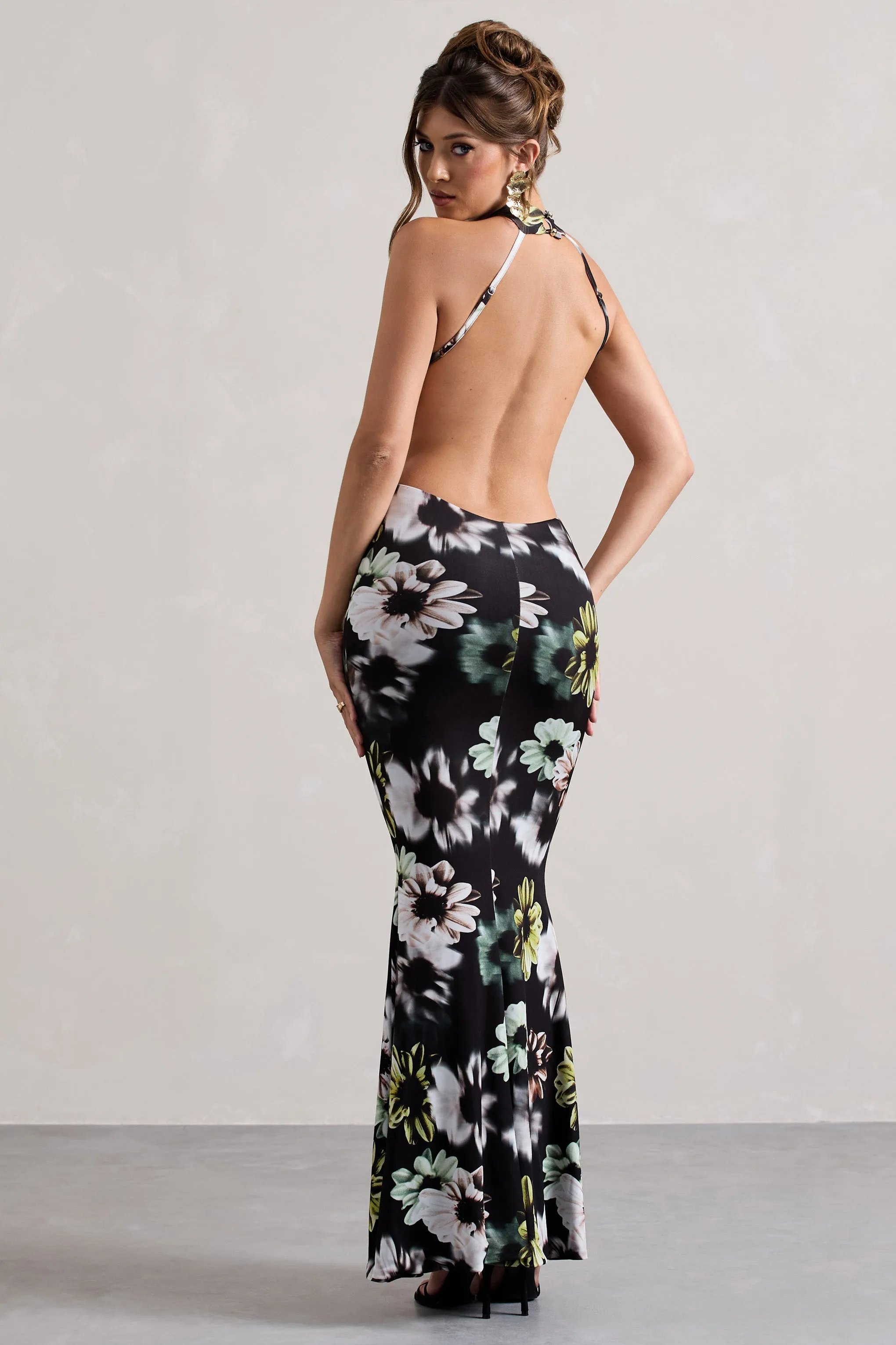Tuscany | Black Floral Print Halter-Neck Split Maxi Dress sold by Club L London product image thumbnail 2
