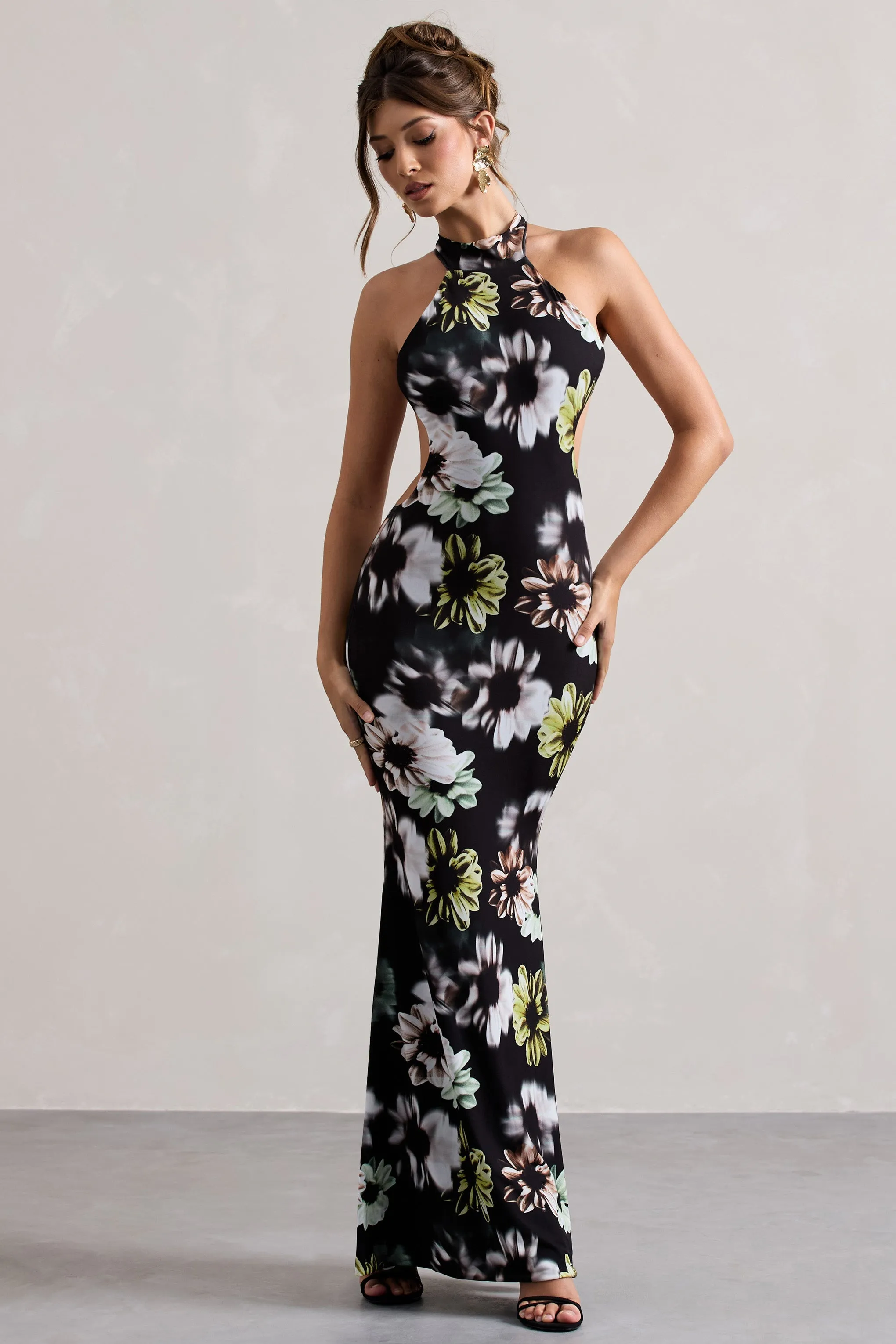 Tuscany | Black Floral Print Halter-Neck Split Maxi Dress sold by Club L London