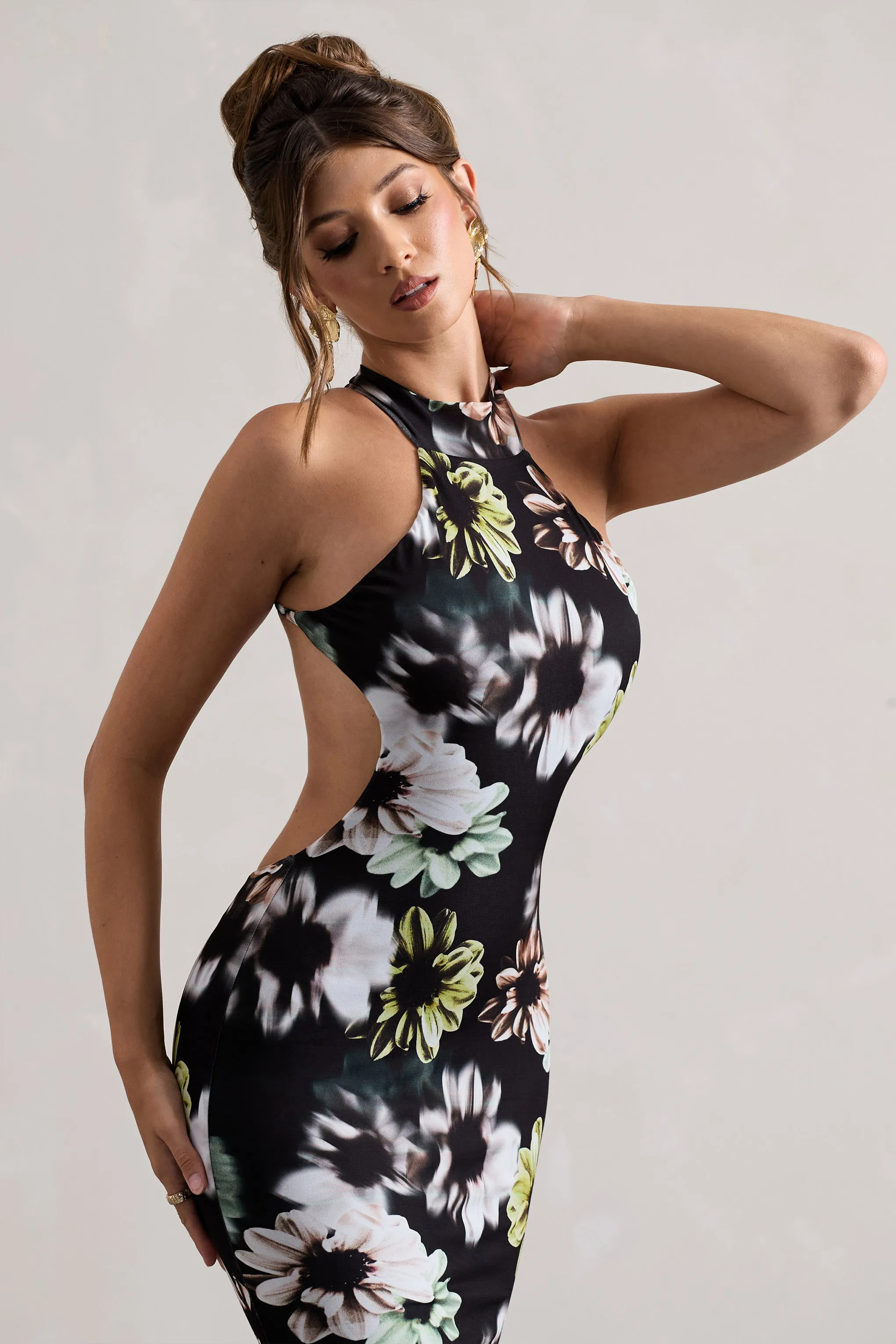 Tuscany | Black Floral Print Halter-Neck Split Maxi Dress sold by Club L London product image thumbnail 3