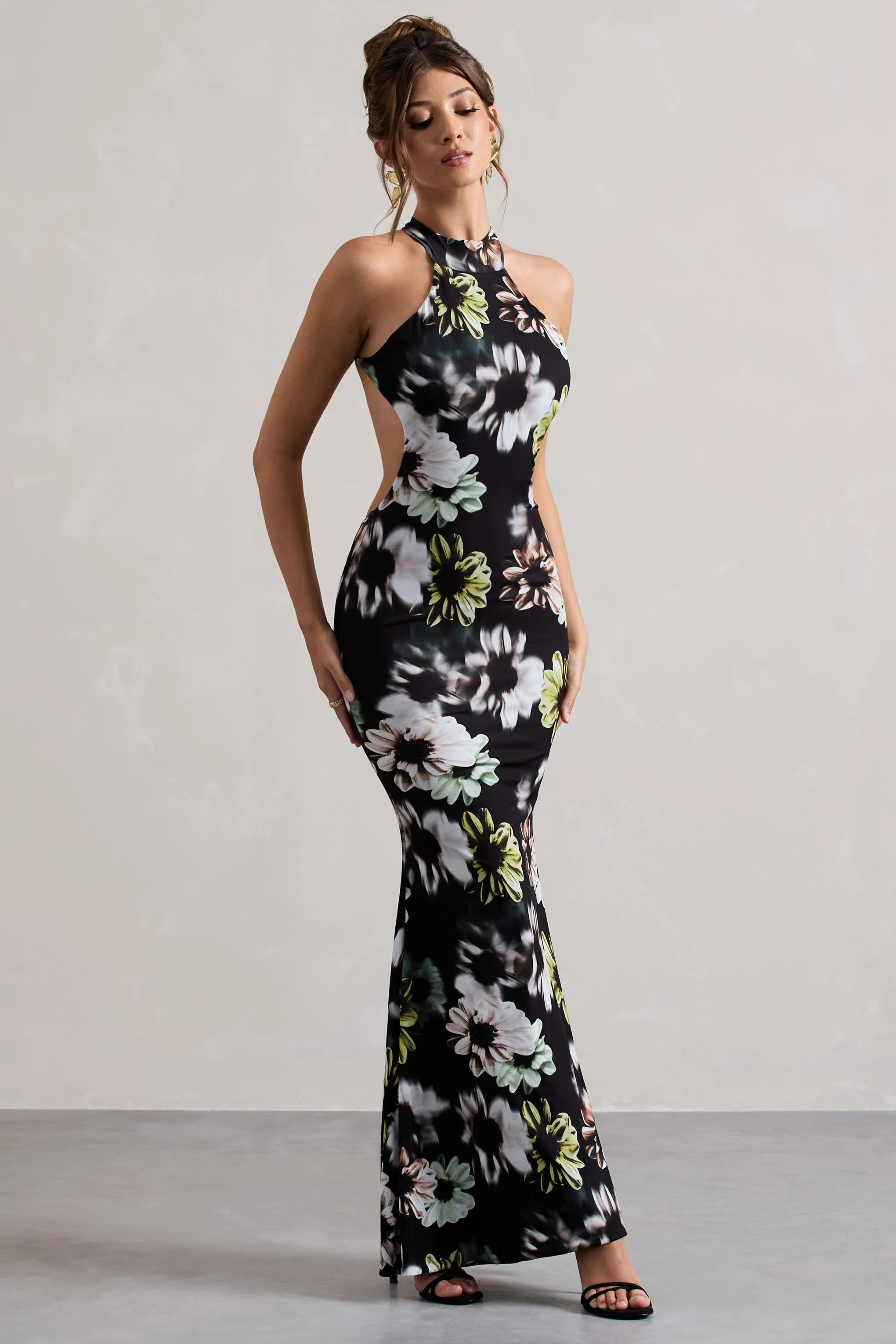 Tuscany | Black Floral Print Halter-Neck Split Maxi Dress sold by Club L London product image thumbnail 5