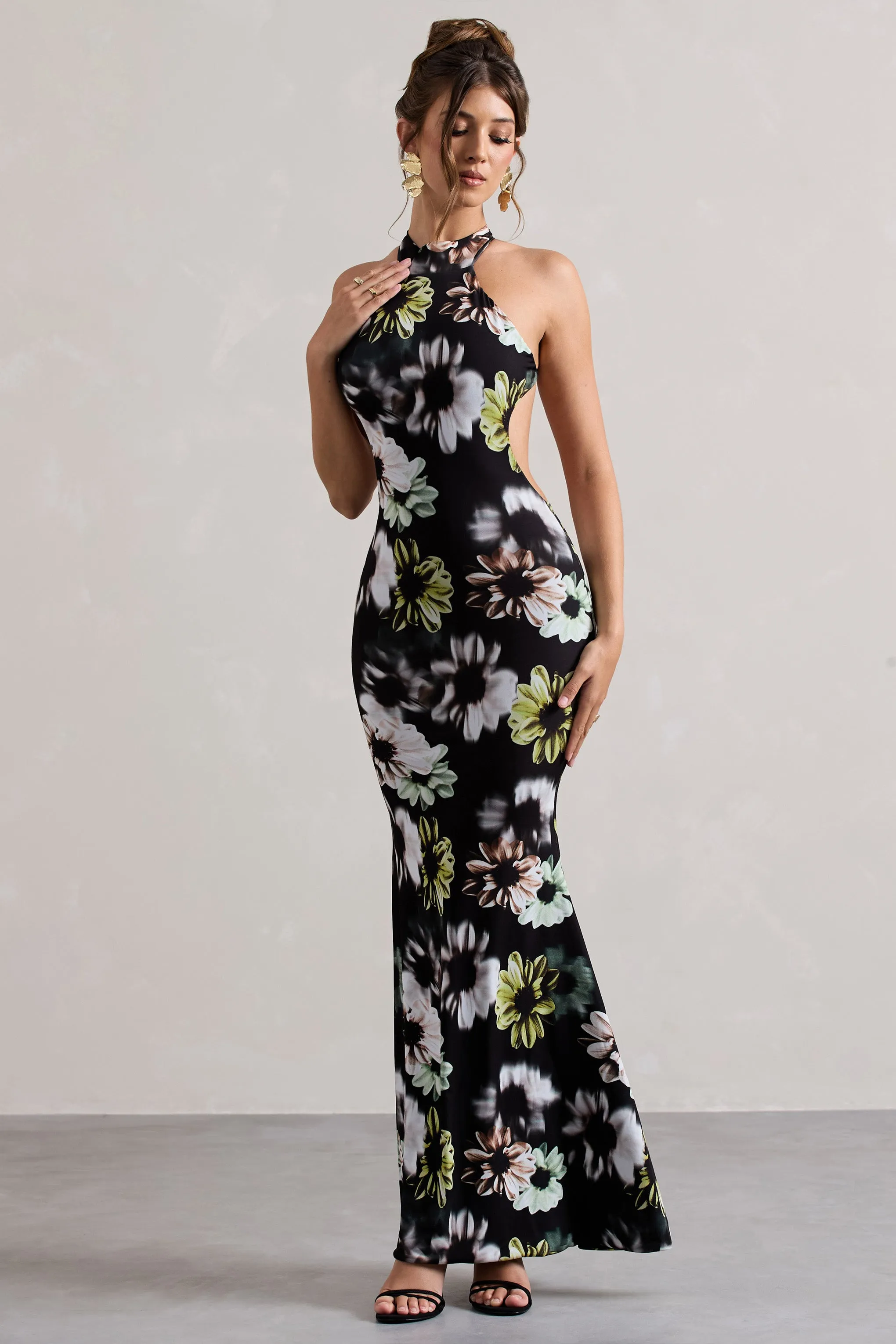 Tuscany | Black Floral Print Halter-Neck Split Maxi Dress sold by Club L London product image thumbnail 4