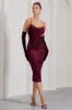 Whitney | Berry Velvet Floral Strappy Sweetheart Midi Dress sold by Club L London