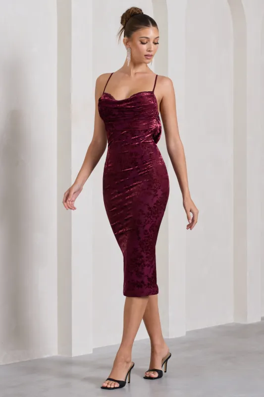 Whitney | Berry Velvet Floral Strappy Sweetheart Midi Dress sold by Club L London
