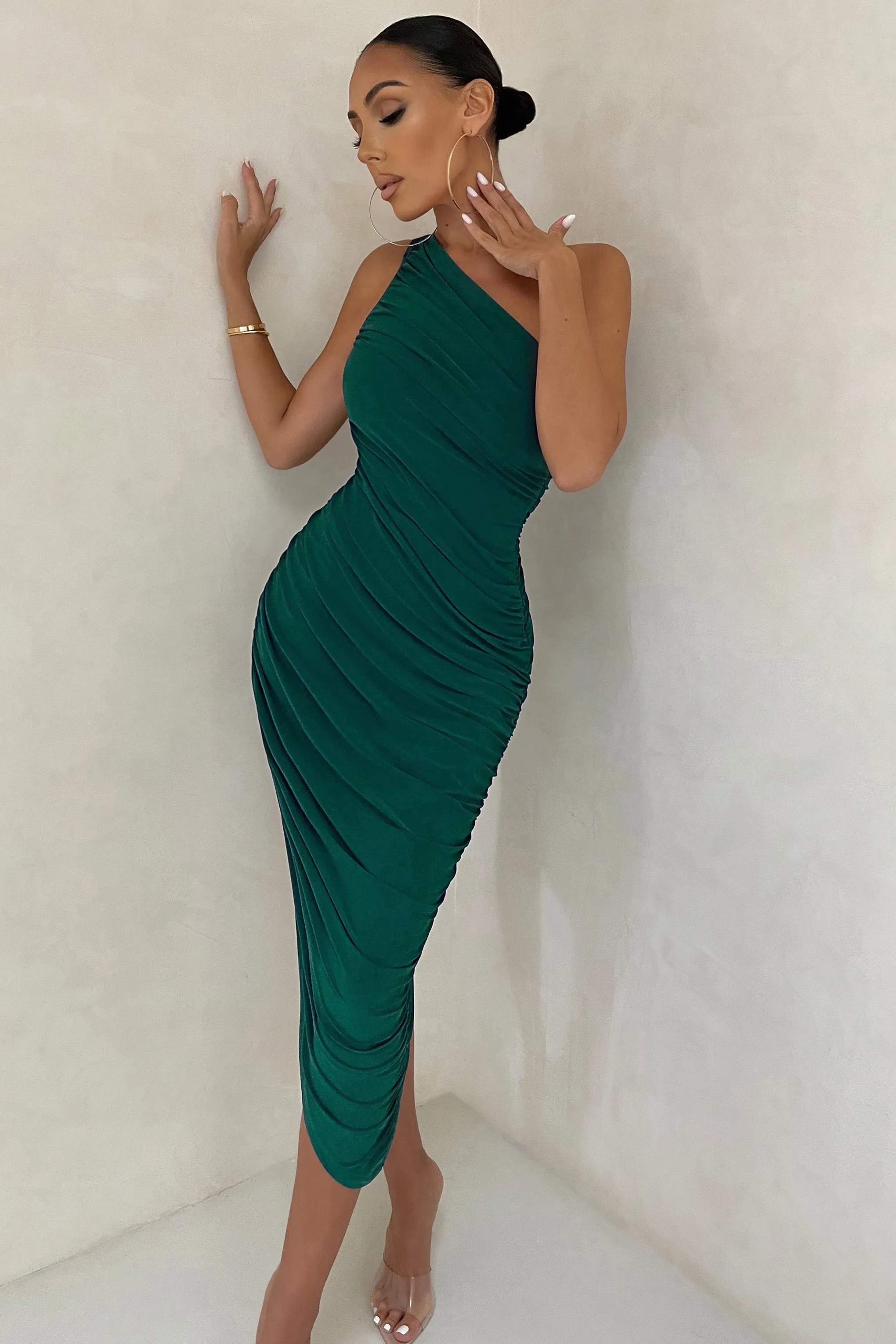 Late Night | Bottle Green Asymmetric One Shoulder Ruched Midi Dress sold by Club L London product image thumbnail 3
