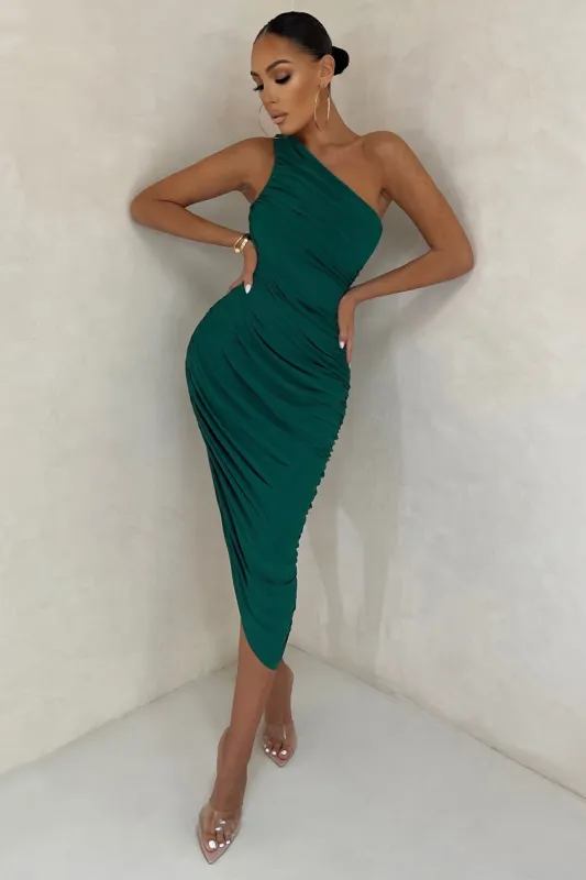 Late Night | Bottle Green Asymmetric One Shoulder Ruched Midi Dress sold by Club L London