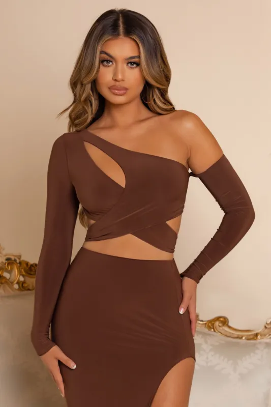 Cut Above | Chocolate Brown Cut Out Detail Asymmetric Top sold by Club L London