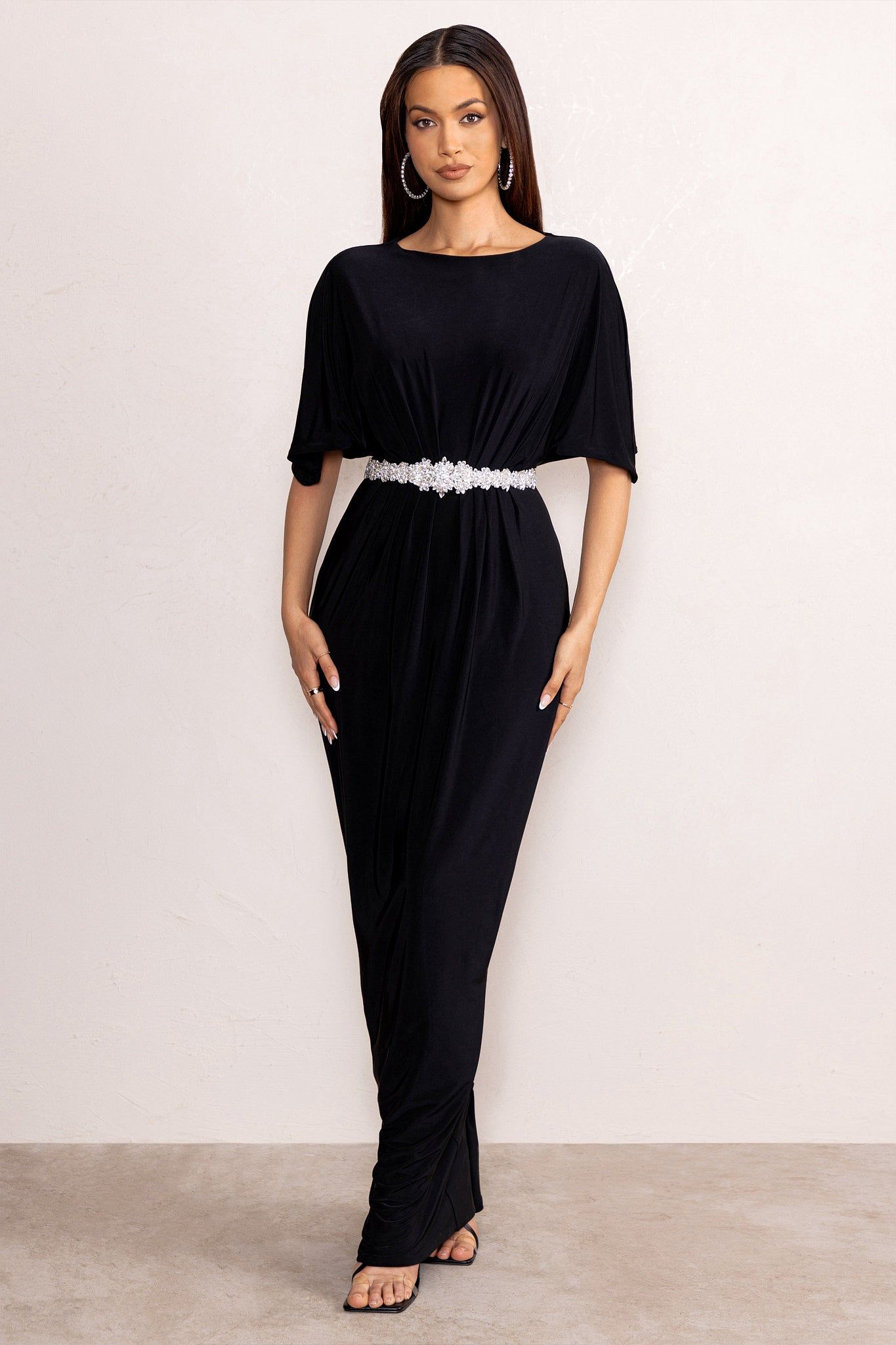 Polly | Black High Neck Maxi Dress with Waist Detailing and Cape Sleeves sold by Club L London product image thumbnail 4
