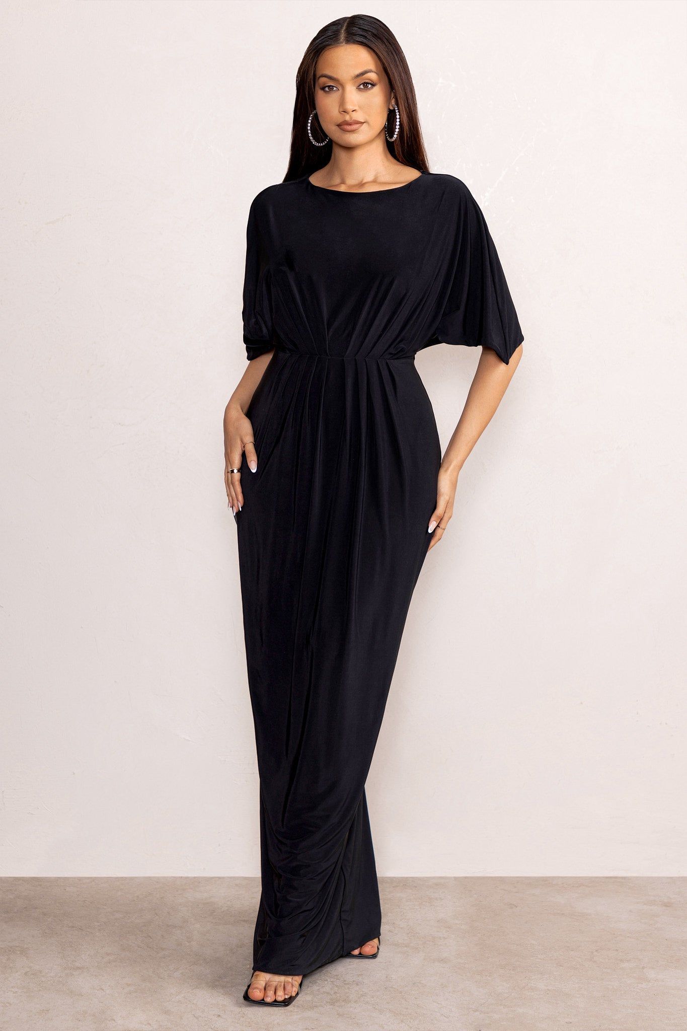 Polly | Black High Neck Maxi Dress with Waist Detailing and Cape Sleeves sold by Club L London