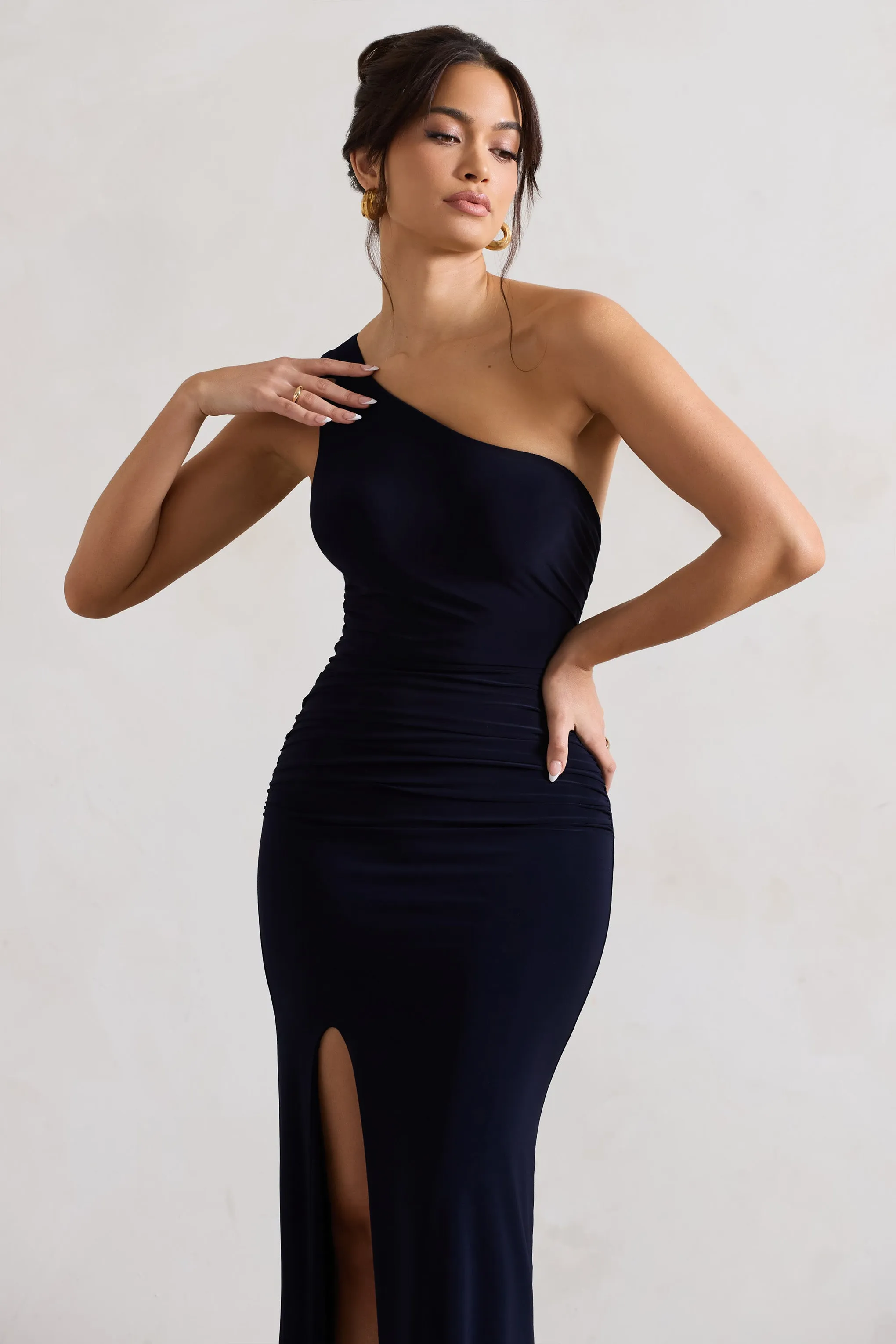 Ethereal | Navy One Shoulder Ruched Split Maxi Dress sold by Club L London product image thumbnail 3