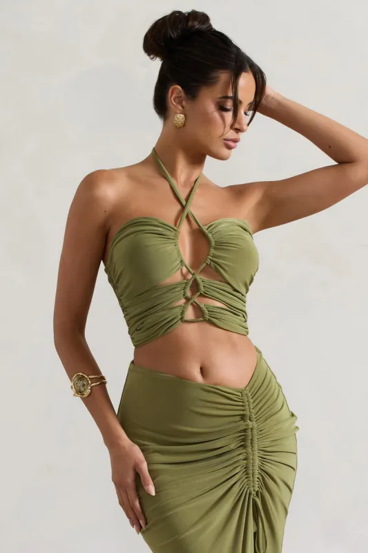 Bora Bora | Olive Ruched Halter-Neck Cut-Out Top sold by Club L London