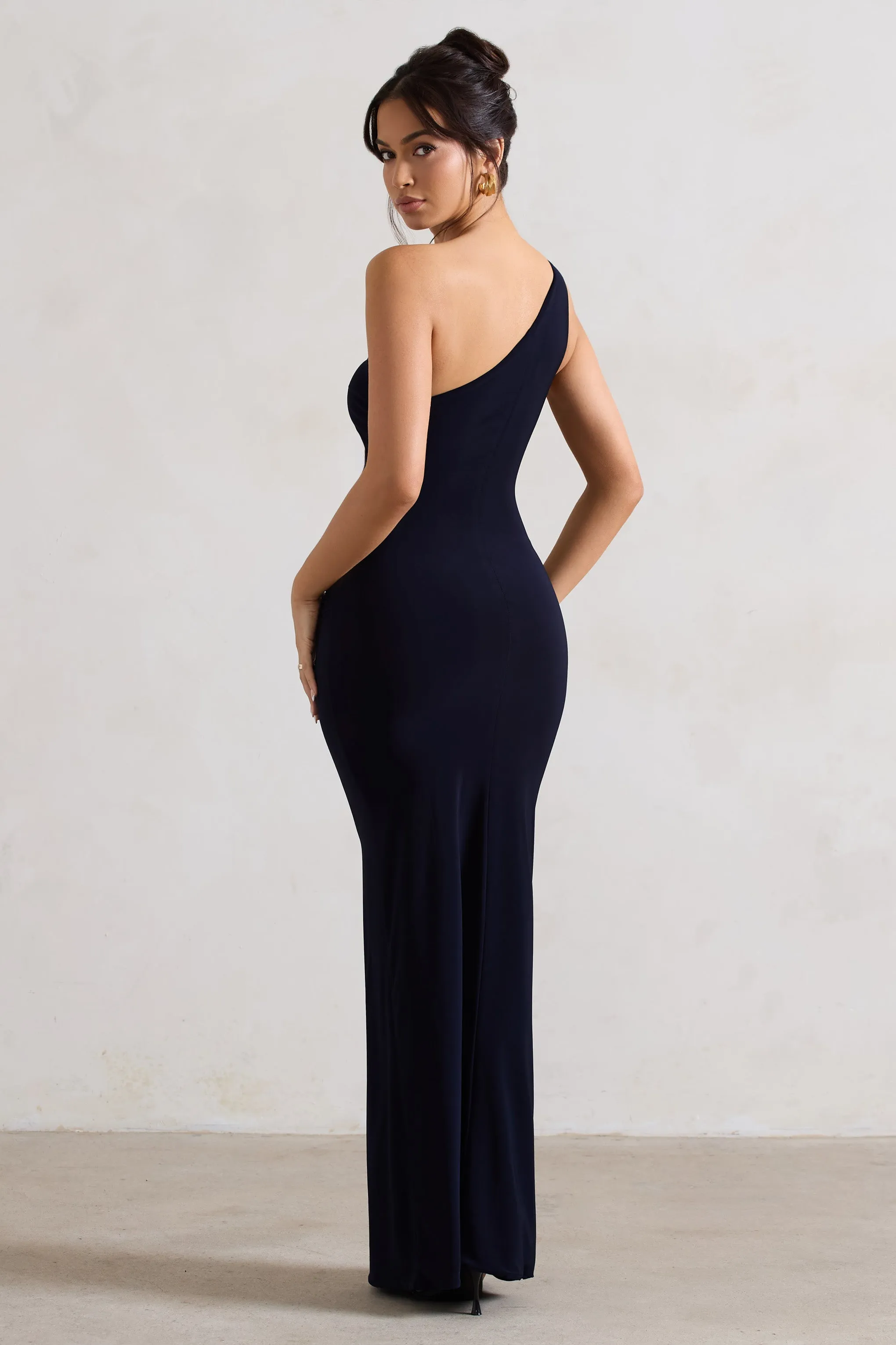 Ethereal | Navy One Shoulder Ruched Split Maxi Dress sold by Club L London product image thumbnail 2
