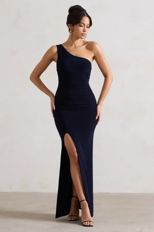 Ethereal | Navy One Shoulder Ruched Split Maxi Dress sold by Club L London