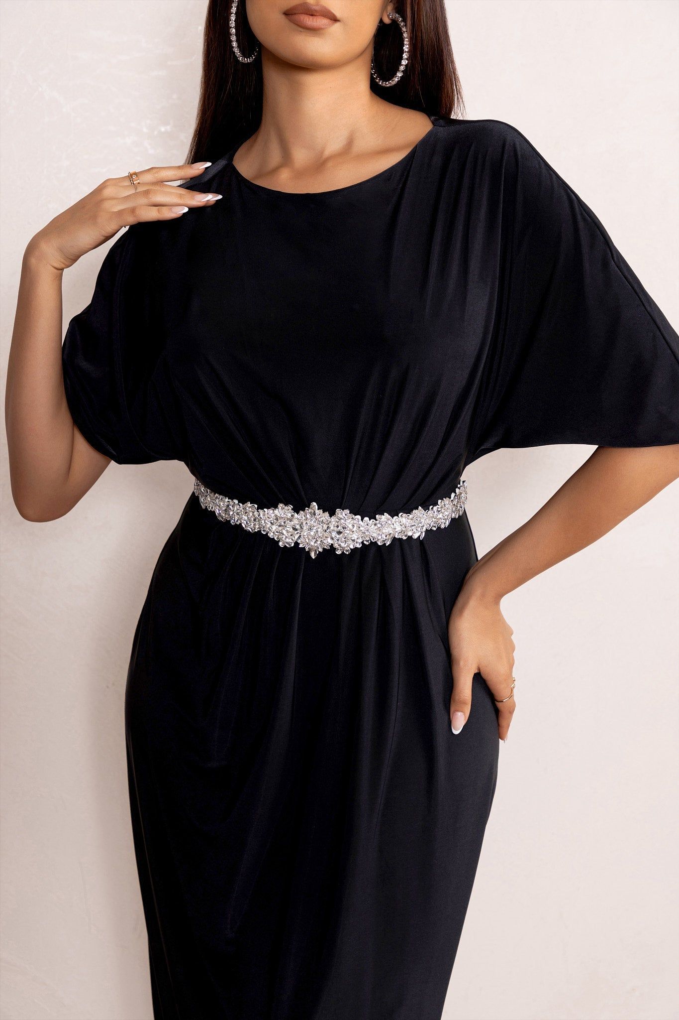 Polly | Black High Neck Maxi Dress with Waist Detailing and Cape Sleeves sold by Club L London product image thumbnail 3