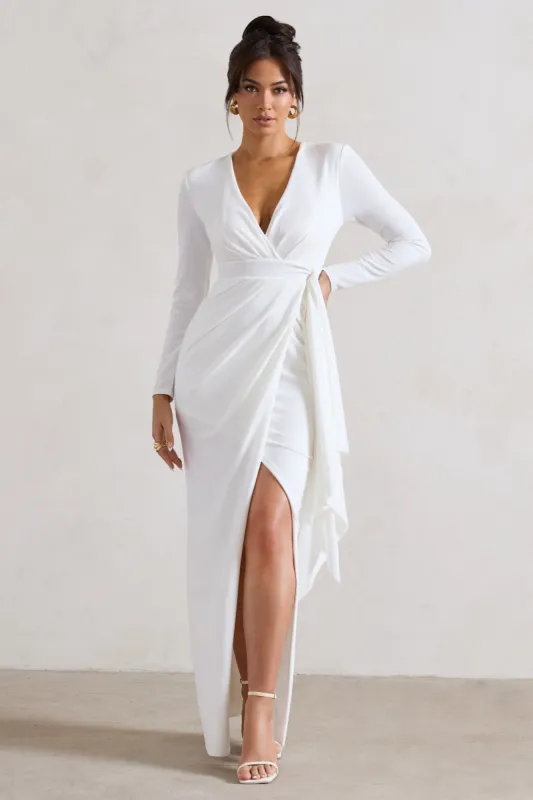 Odetta | White Plunge-Neck Wrap Maxi Dress With Tie Waist sold by Club L London