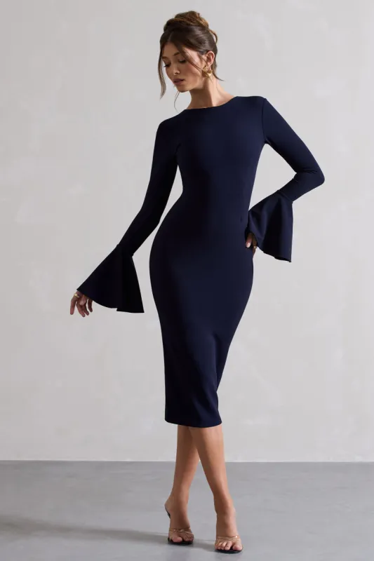 Rhyanne | Navy Bodycon Flared-Sleeve Midi Dress sold by Club L London