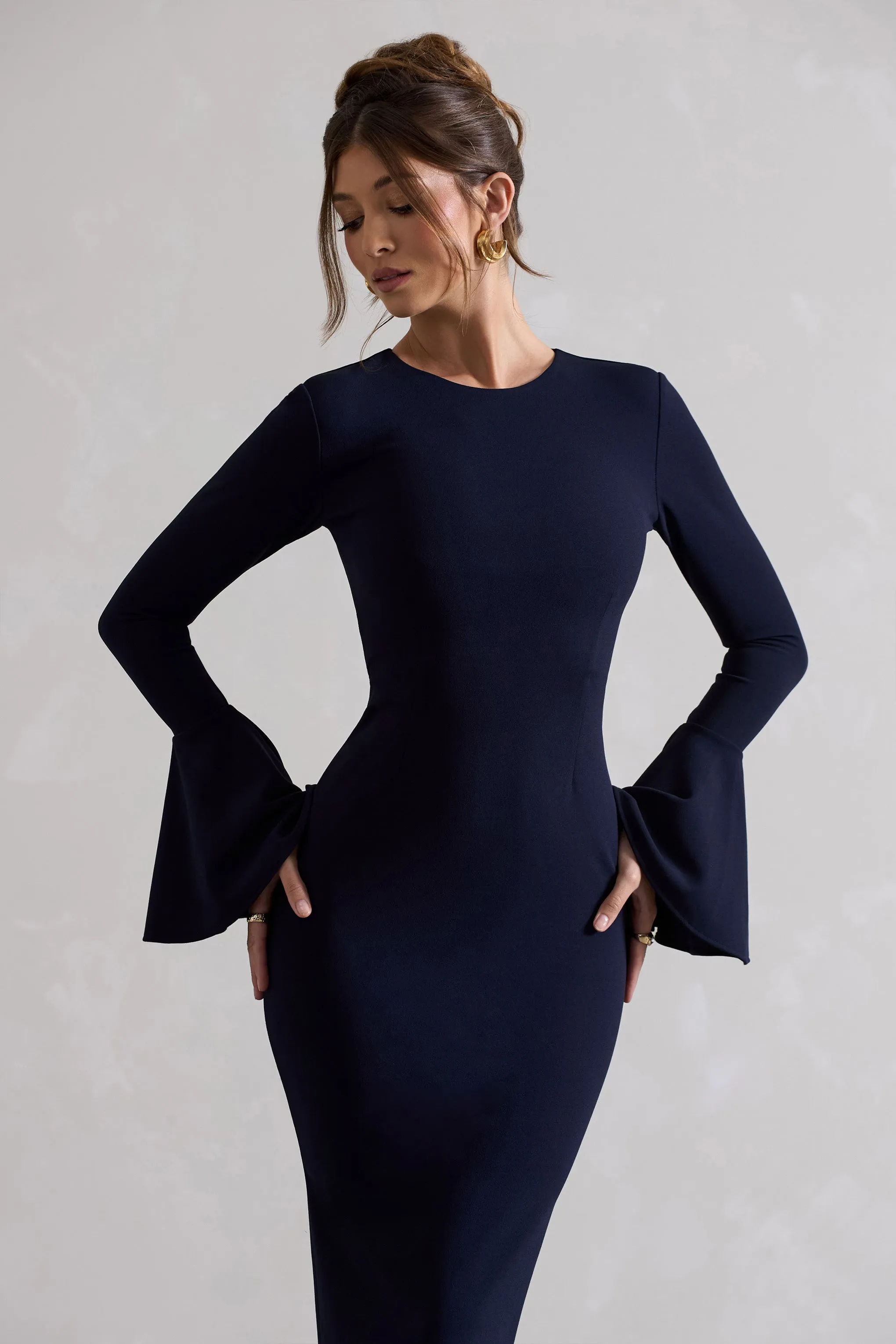 Rhyanne | Navy Bodycon Flared-Sleeve Midi Dress sold by Club L London product image thumbnail 3