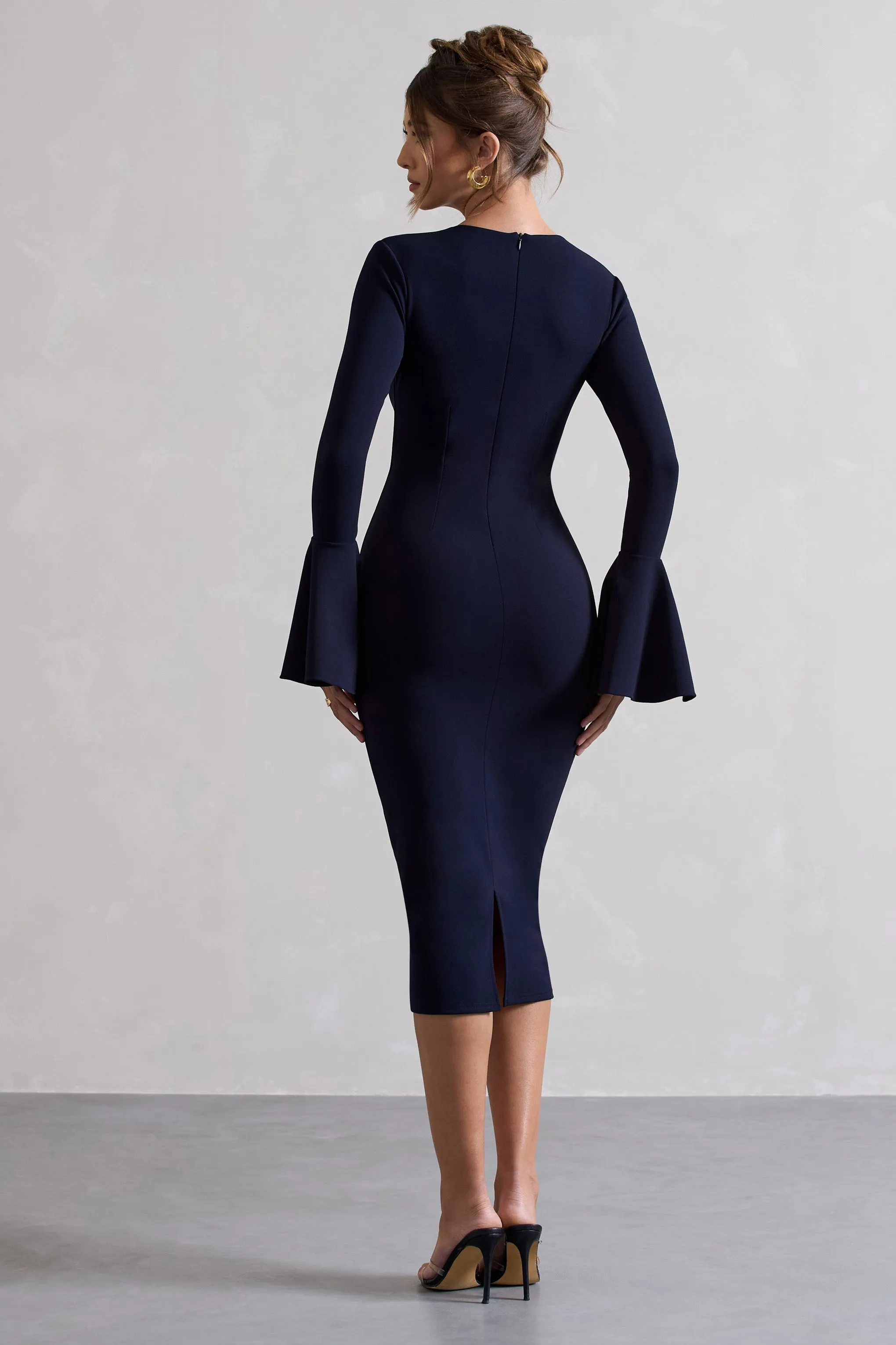 Rhyanne | Navy Bodycon Flared-Sleeve Midi Dress sold by Club L London product image thumbnail 2