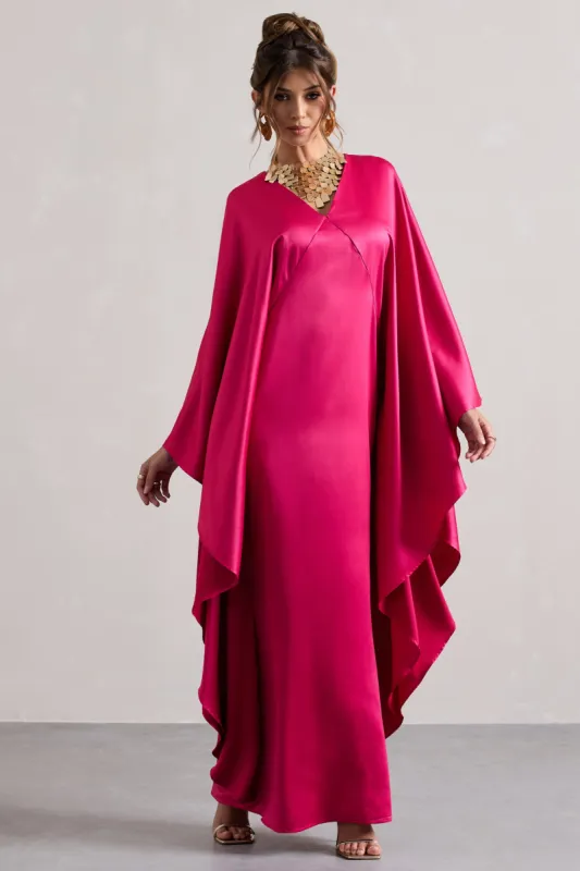 Alohi | Hot Pink Satin Plunge Cape Maxi Dress sold by Club L London