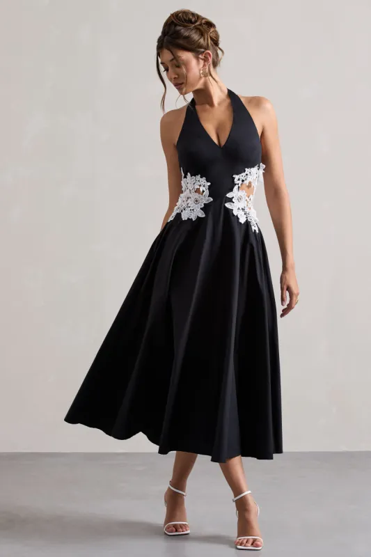Windermere | Black Plunge Midi Dress With Floral Cut-Out sold by Club L London