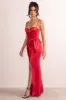 Odette | Red Satin Square Neck Corset Bow Detail Maxi Dress sold by Club L London