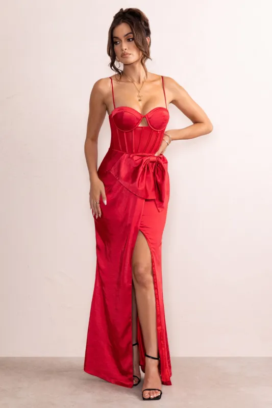 Odette | Red Satin Square Neck Corset Bow Detail Maxi Dress sold by Club L London