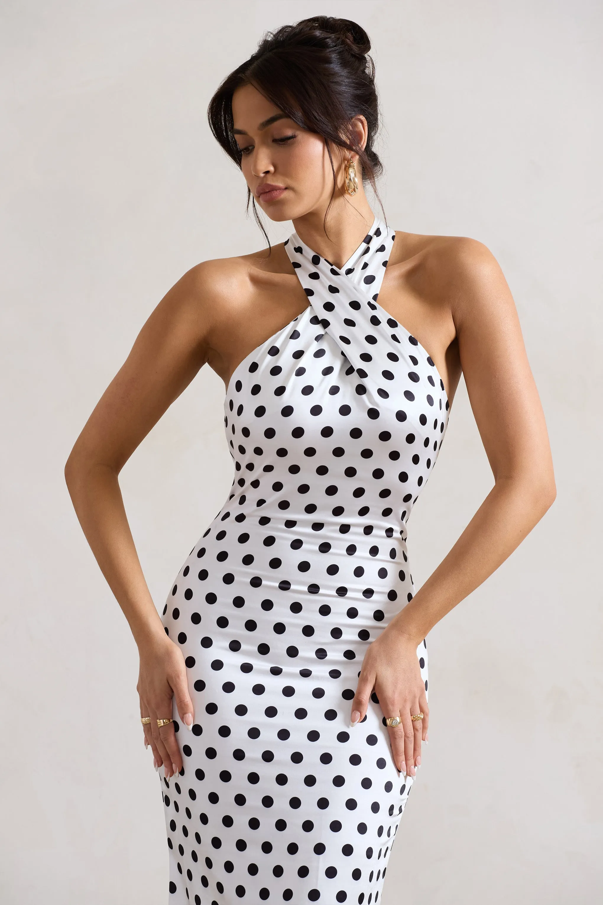 Unstoppable | White Polka Dot Satin Cross Over Halter Neck Maxi Dress sold by Club L London product image thumbnail 3