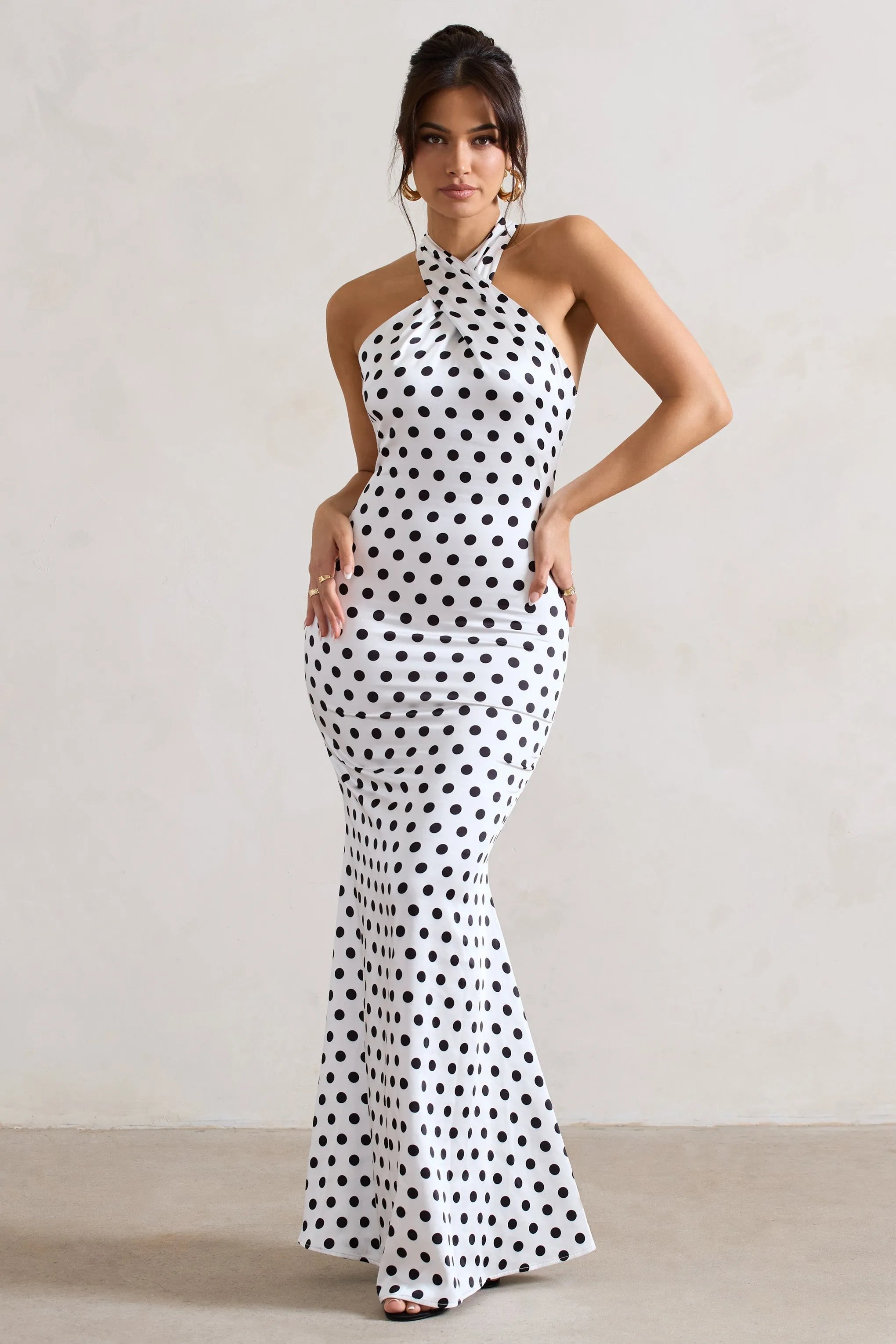 Unstoppable | White Polka Dot Satin Cross Over Halter Neck Maxi Dress sold by Club L London product image thumbnail 4