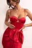 Odette | Red Satin Square Neck Corset Bow Detail Maxi Dress sold by Club L London