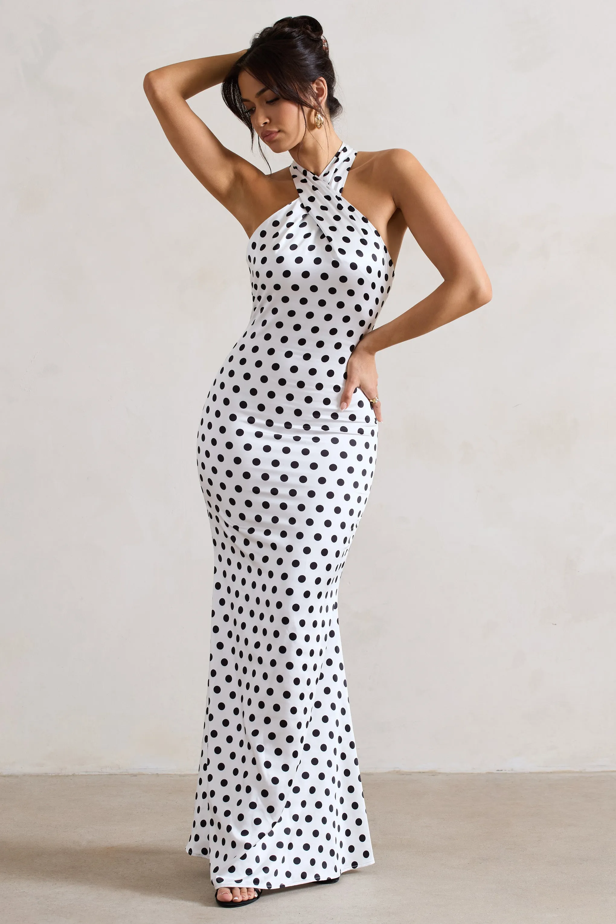 Unstoppable | White Polka Dot Satin Cross Over Halter Neck Maxi Dress sold by Club L London product image thumbnail 2
