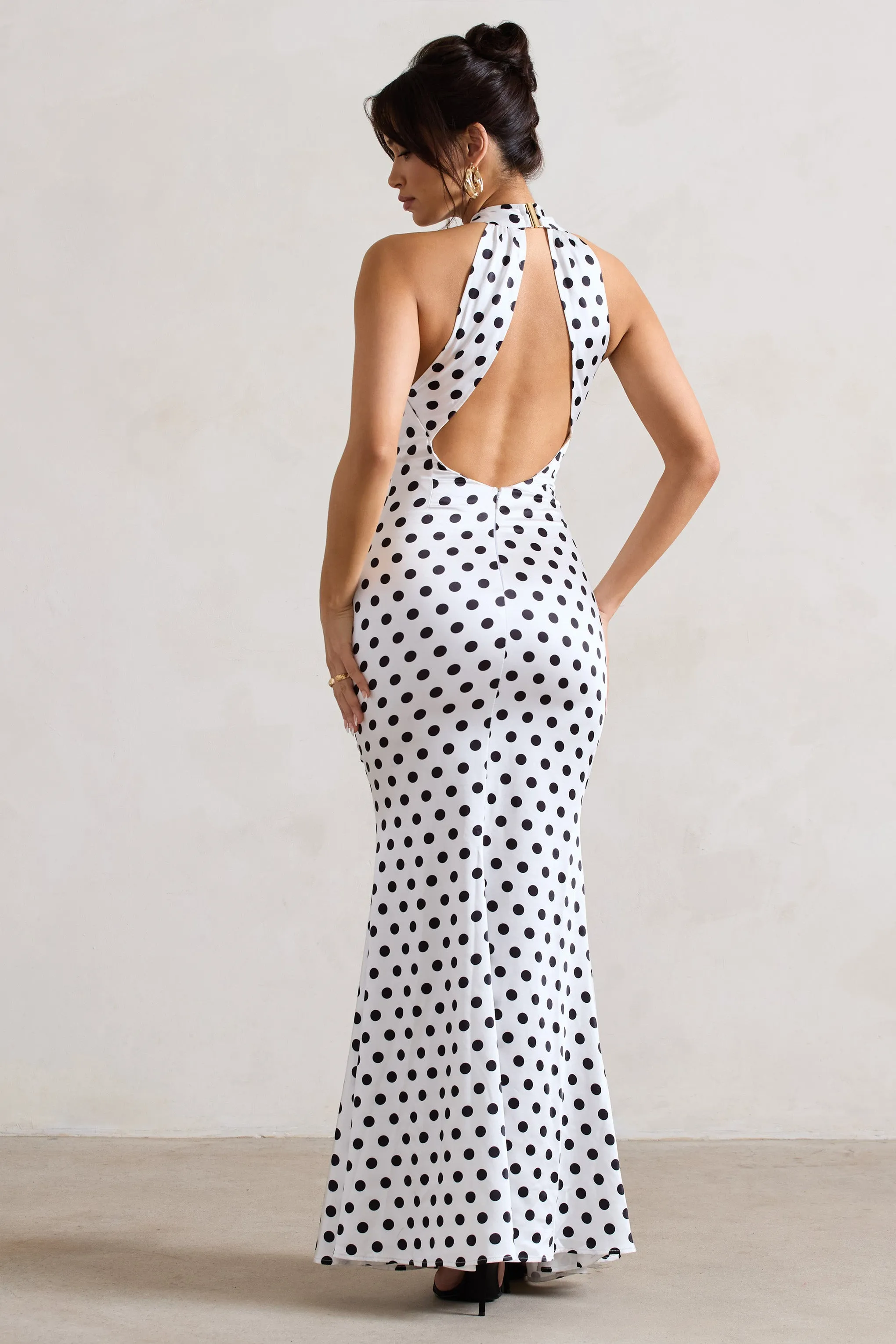 Unstoppable | White Polka Dot Satin Cross Over Halter Neck Maxi Dress sold by Club L London product image thumbnail 5