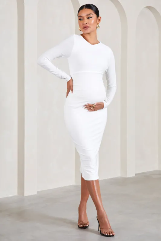 Embrace | White Long-Sleeved Maternity Midi Dress sold by Club L London