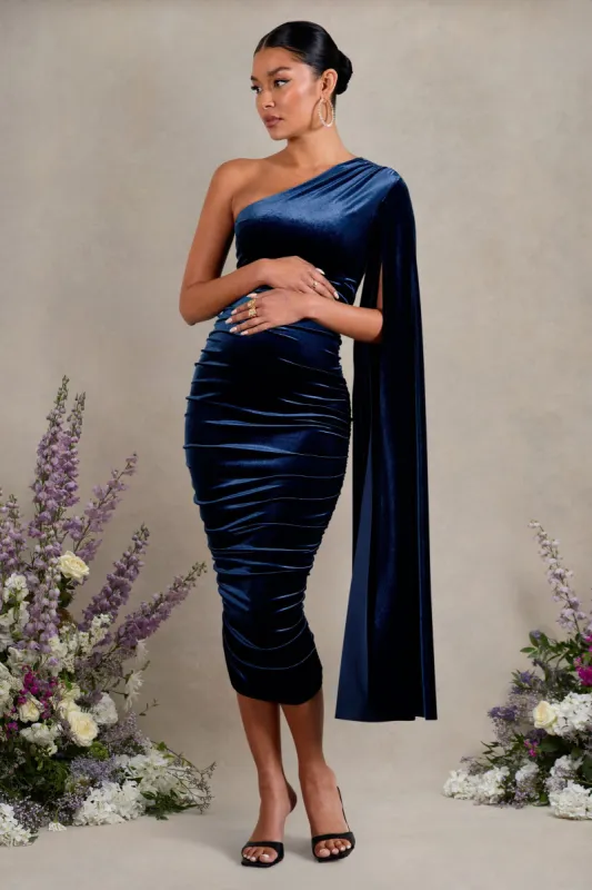 Gianna | Navy Velvet Maternity One Shoulder Cape Bodycon Midi Dress sold by Club L London