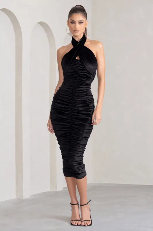 Hourglass | Black Velvet Halterneck Ruched Midi Dress sold by Club L London