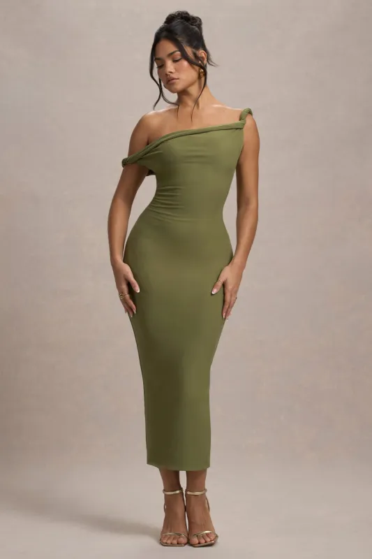 Salome | Olive Twisted Asymmetric Midi Dress sold by Club L London