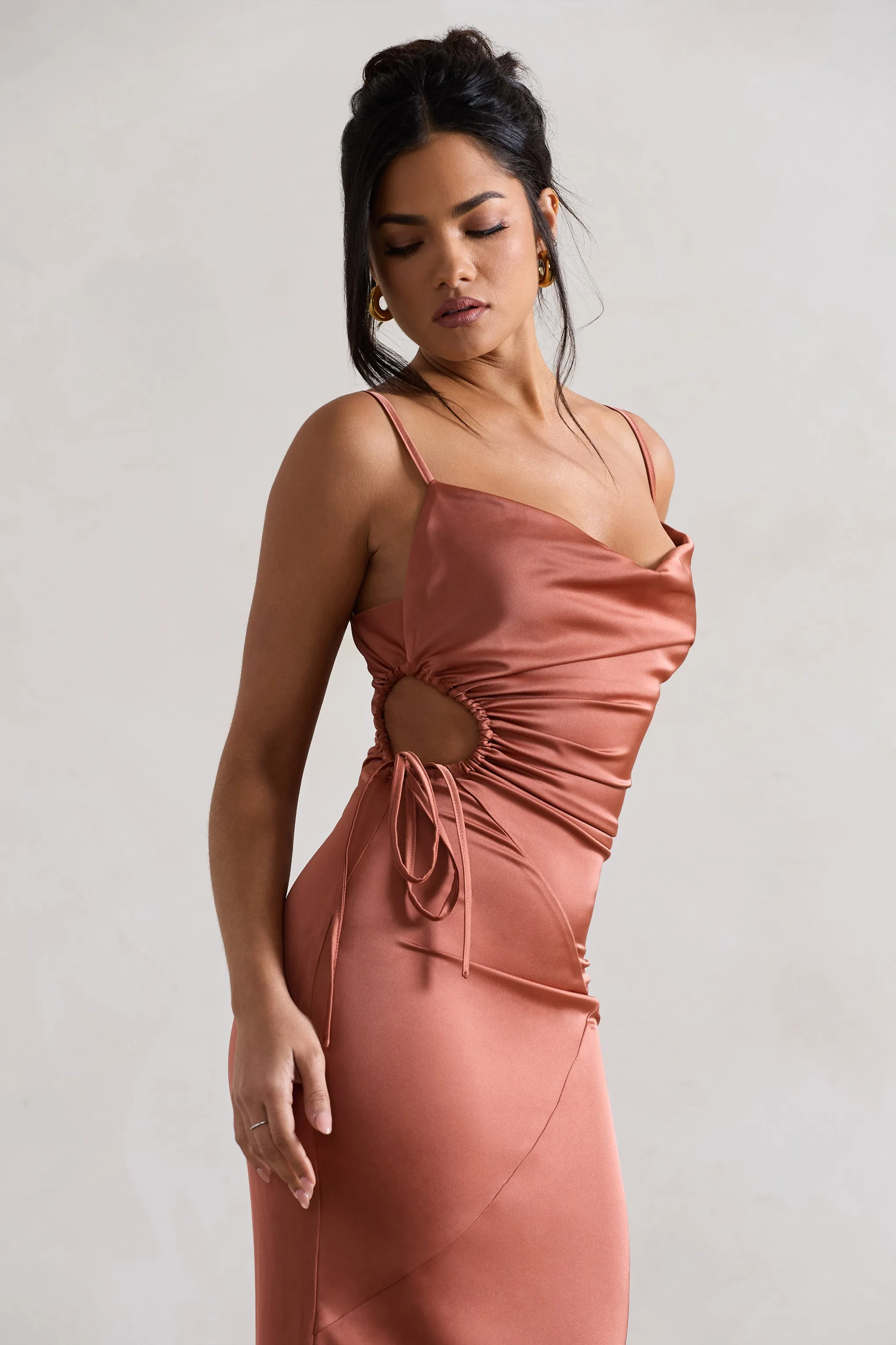 Carter | Rust Satin Cowl-Neck Maxi Dress With Cut-Out sold by Club L London product image thumbnail 3