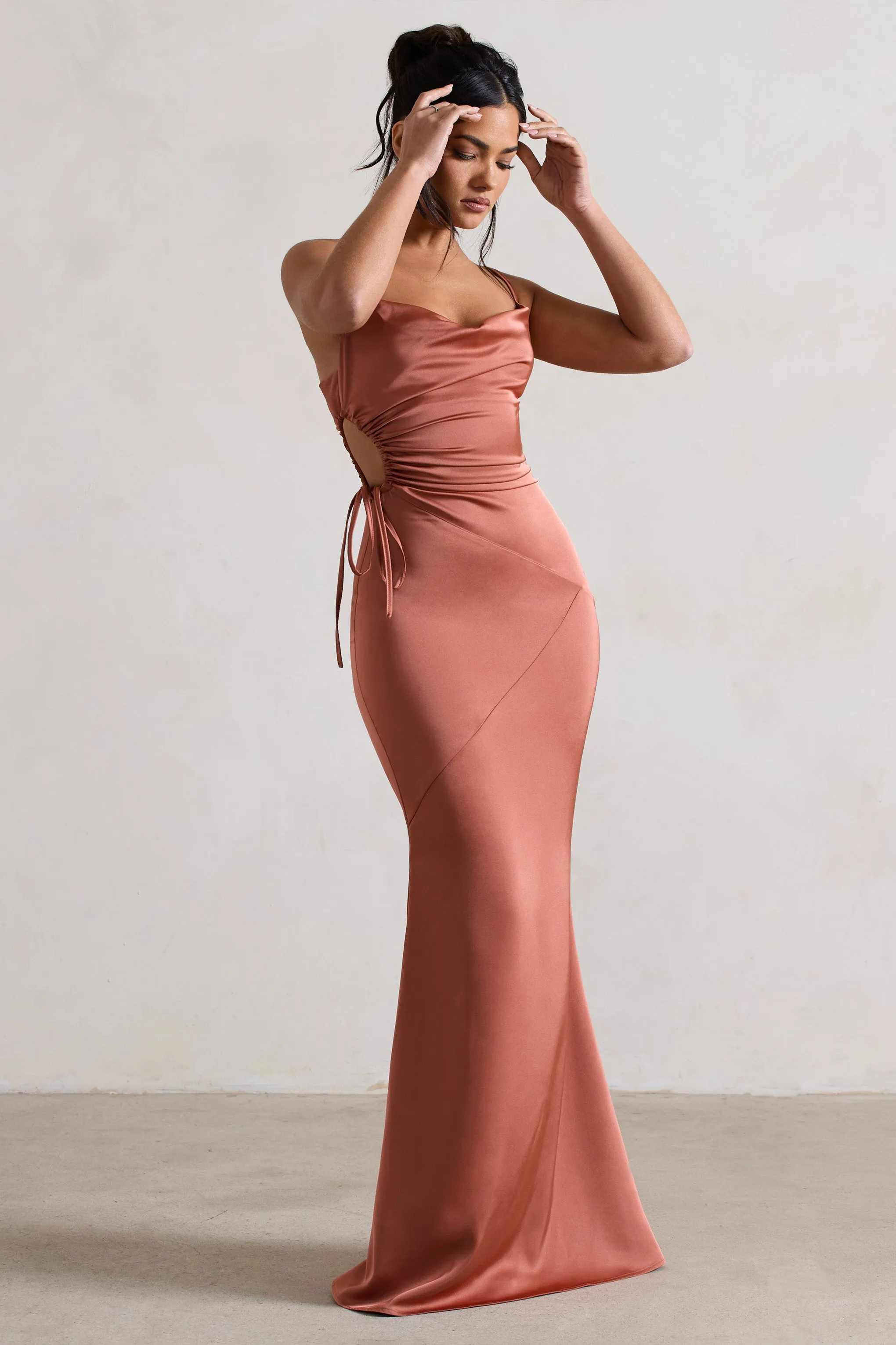 Carter | Rust Satin Cowl-Neck Maxi Dress With Cut-Out sold by Club L London product image thumbnail 4
