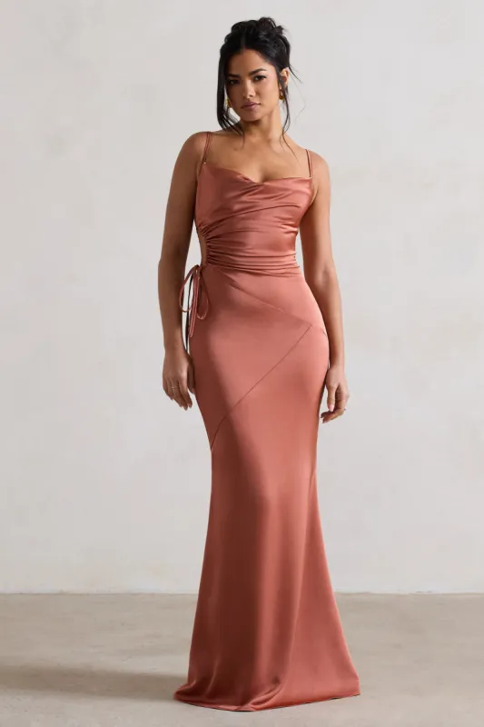 Carter | Rust Satin Cowl-Neck Maxi Dress With Cut-Out sold by Club L London