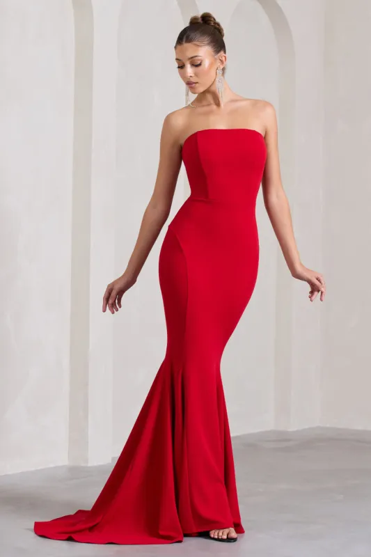 Impress Me | Red Strapless Bandeau Fishtail Maxi Dress sold by Club L London