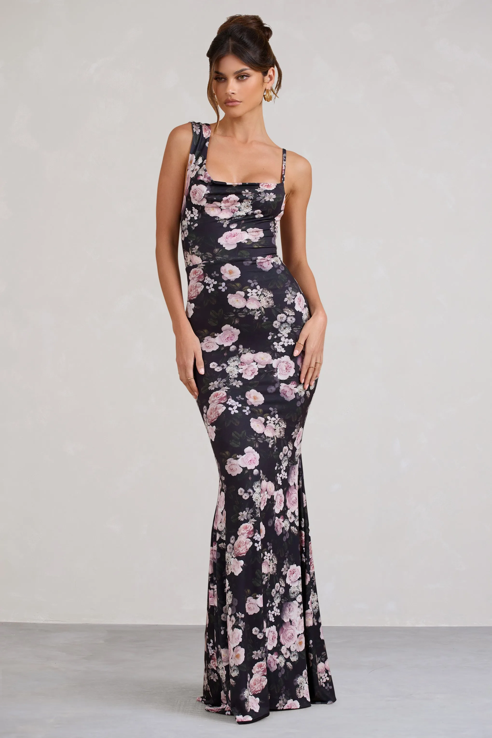 Phantasy | Black & Pink Floral Print Asymmetric Neckline Cowl Maxi Dress sold by Club L London
