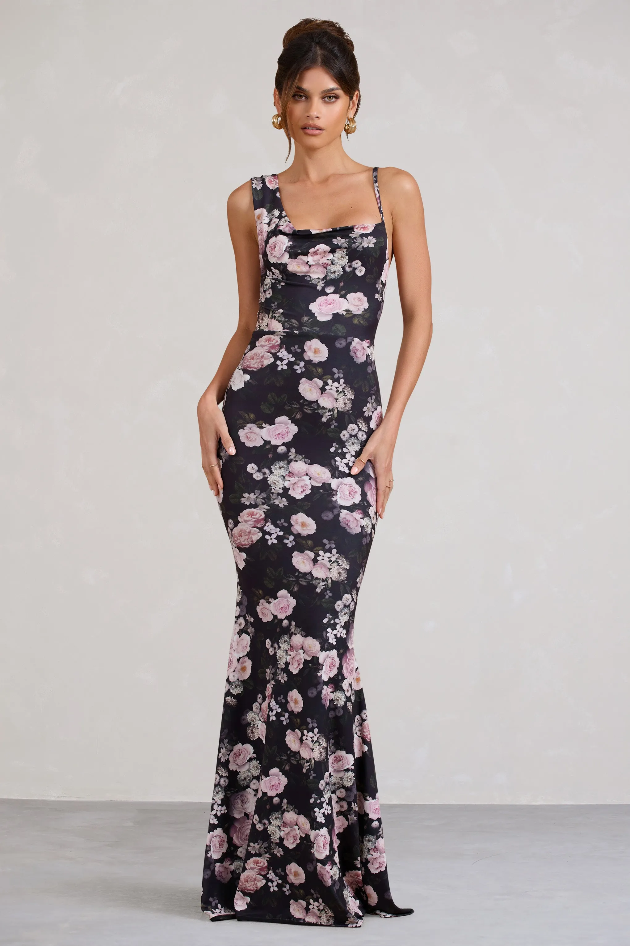 Phantasy | Black & Pink Floral Print Asymmetric Neckline Cowl Maxi Dress sold by Club L London product image thumbnail 4