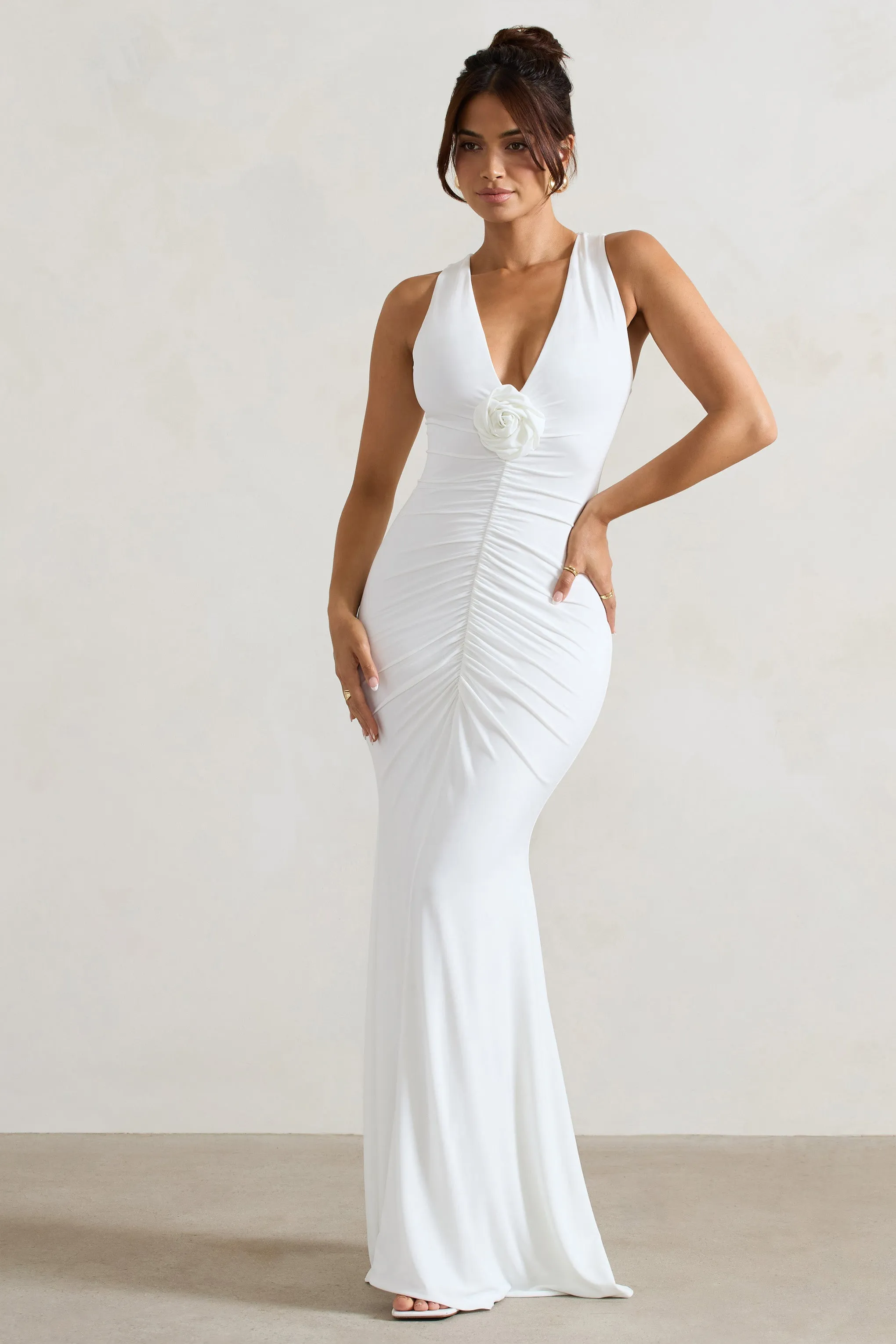 Julianna | White Plunge-Neck Ruched Maxi Dress With Corsage sold by Club L London
