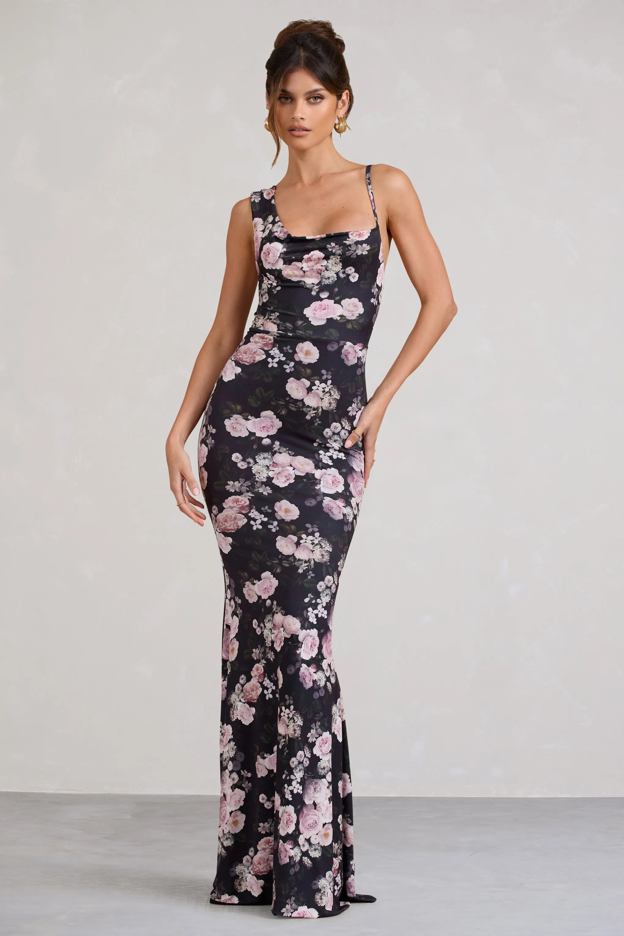 Phantasy | Black & Pink Floral Print Asymmetric Neckline Cowl Maxi Dress sold by Club L London product image thumbnail 5